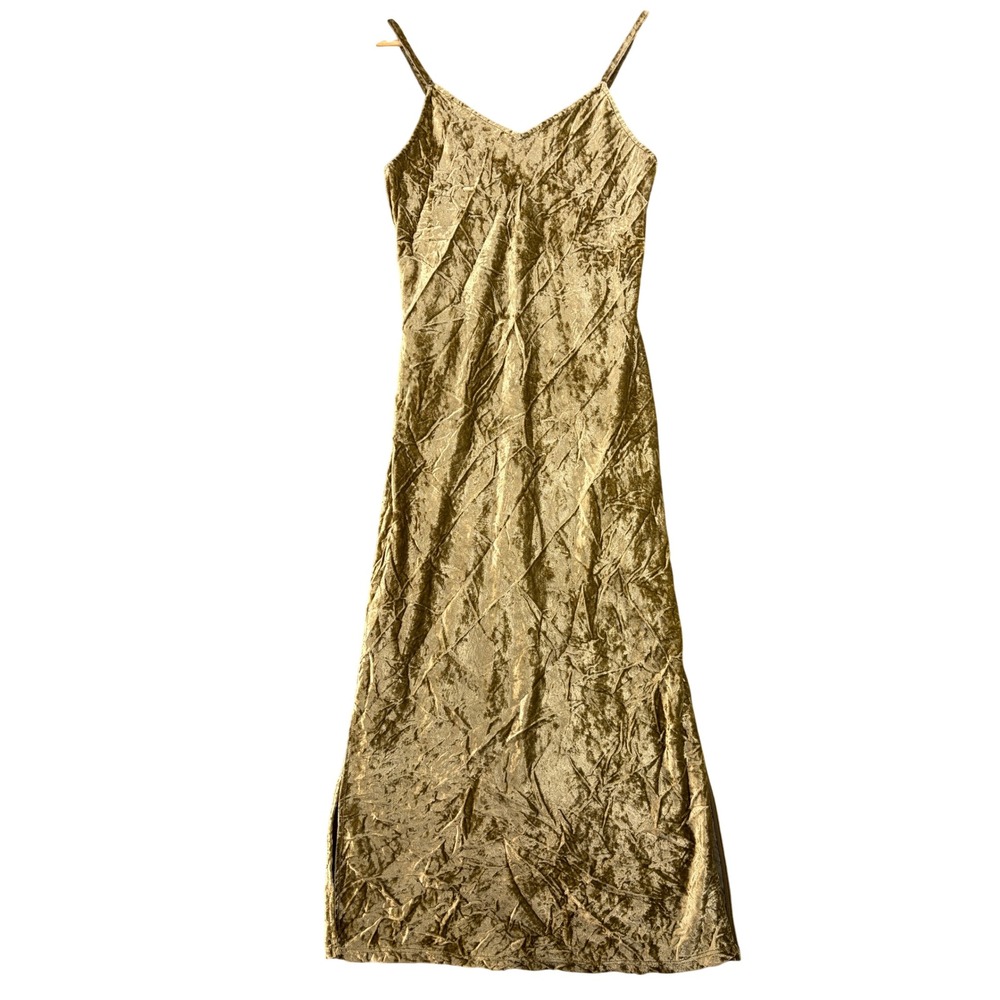 Lou & Grey Crushed Velvet Slip Maxi Dress Olive Green Gold XS Boho 90s 481443